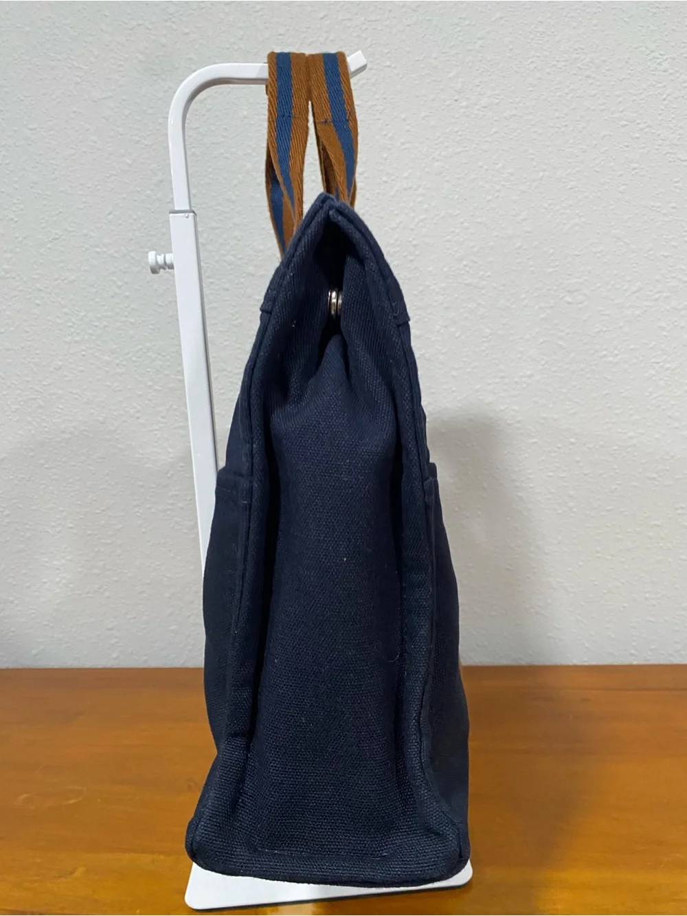 Navy Canvas Tote Bag with Striped Brown Handles